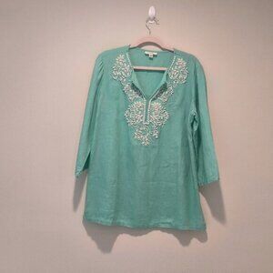 Charter Club  100% linen  green, embroidered rhinestones tunic size L